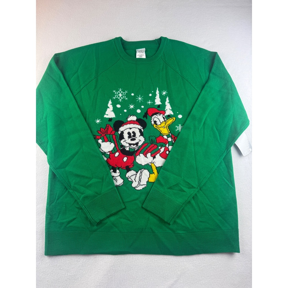 Disney Mickey Mouse Donald Duck Christmas Holiday Sweater Green Adult M